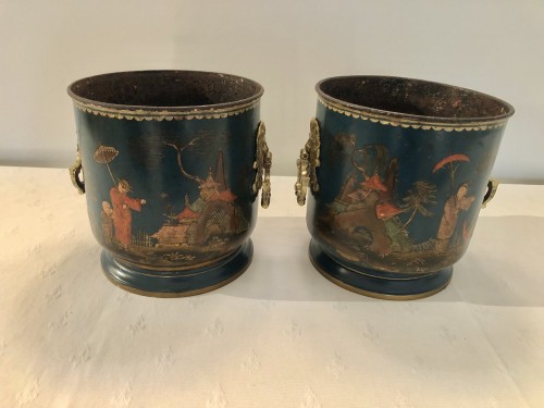 Pair Of Lacquered Metal Plant Pots With Blue Background, Regency Period - French Regence