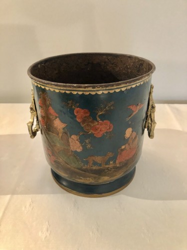 French Regence - Pair Of Lacquered Metal Plant Pots With Blue Background, Regency Period