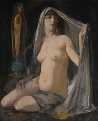 Woman With Veil, Art Deco Pastel & Gouache On Canvas