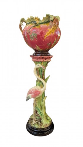 Delphin Massier (1836 - 1907), complet aux flamand rose et chardons en barbotine Art nouveau