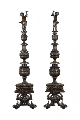 Napoleon III pair of andirons in patinated bronze