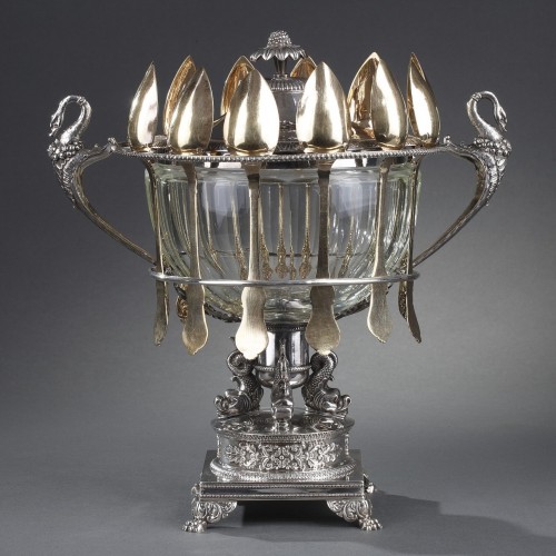 silverware & tableware  - 19th century  silver and cut- crystal confiturier with 12 spoons, Restaurat