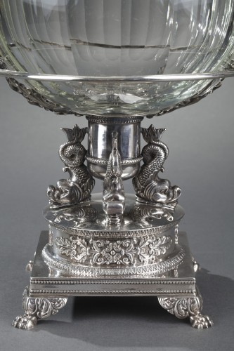 Antiquités - 19th century  silver and cut- crystal confiturier with 12 spoons, Restaurat