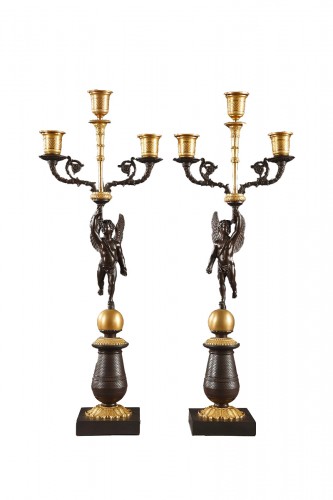 9th century pair of gilded and patinated bronze candelabra 