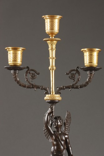 Lighting  - 9th century pair of gilded and patinated bronze candelabra 