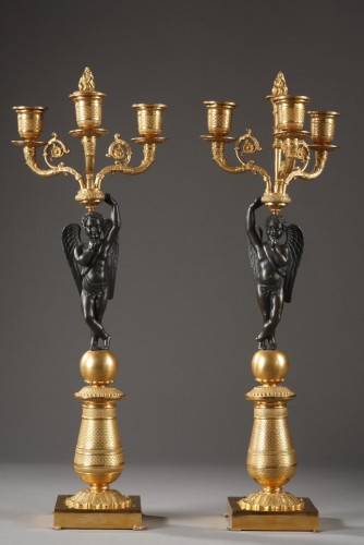 Pair of gilded and patinated bronze candelabras - 