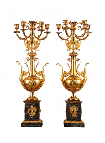 Pair of Directoire period candelabras with swans and winged women 