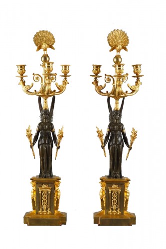 Pair of Empire period candelabra with peacocks and winged women 