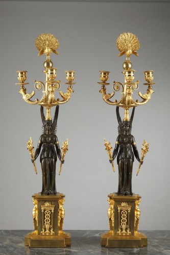 Pair of Empire period candelabra with peacocks and winged women  - 