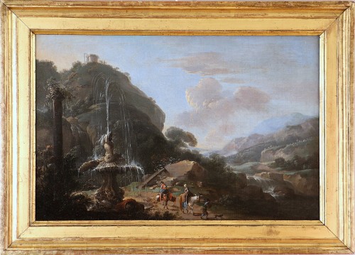 Tivoli animated landscape and capriccio, Roman school of the 18th century