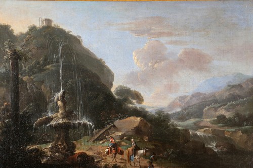 Tivoli animated landscape and capriccio, Roman school of the 18th century - Paintings & Drawings Style Louis XV