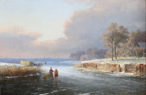 Kimmel, Cornelis (1804 – 1877) -  Winter scene in the Netherlands. - Paintings & Drawings Style Napoléon III