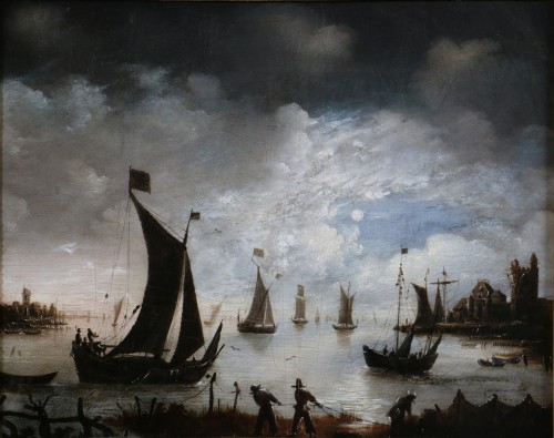 Ecole hollandaise du 19e siècle, marine animée de pêcheurs au clair de lune - Tableaux et dessins Style Louis-Philippe