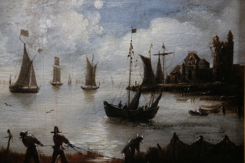 Ecole hollandaise du 19e siècle, marine animée de pêcheurs au clair de lune - Louis-Philippe