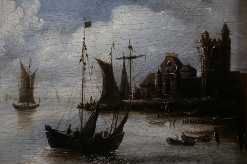 Louis-Philippe - Ecole hollandaise du 19e siècle, marine animée de pêcheurs au clair de lune