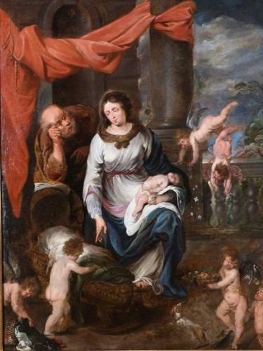 Le repos de la sainte famille, attribué à Jan van den Hoecke (, 1611 – 1651) - Tableaux et dessins Style Louis XIII