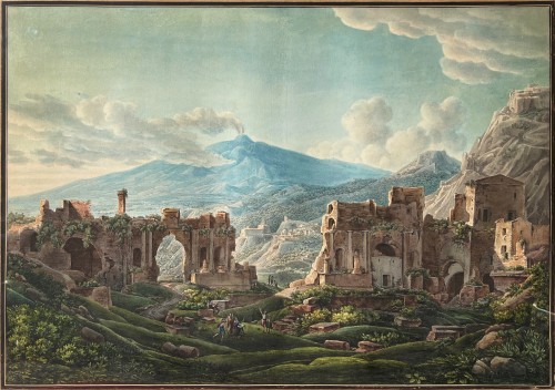 Louis-Francois Cassas (1756-1827), Vue du théatre de Taormine en Sicile