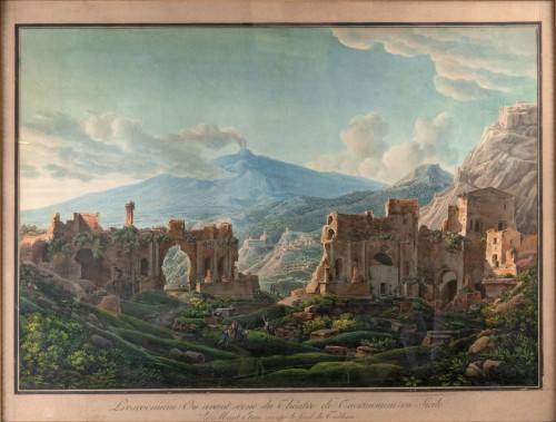 Louis-Francois Cassas (1756-1827), Vue du théatre de Taormine en Sicile - Tableaux et dessins Style 