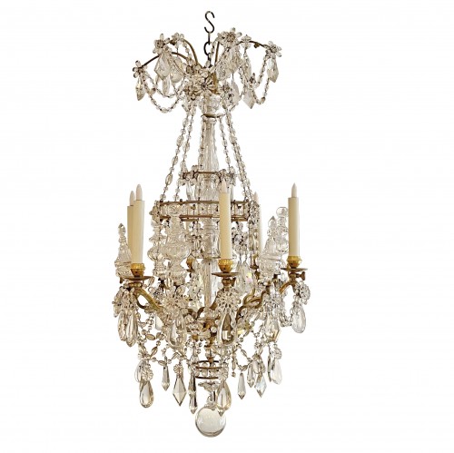 A French ormolu and cut crystal glass six-light chandelier