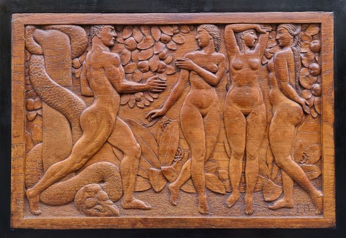 Bas relief en bois Hercule et les pommes d’or atteibué à Emile Monier (1883-1970) - Objet de décoration Style 