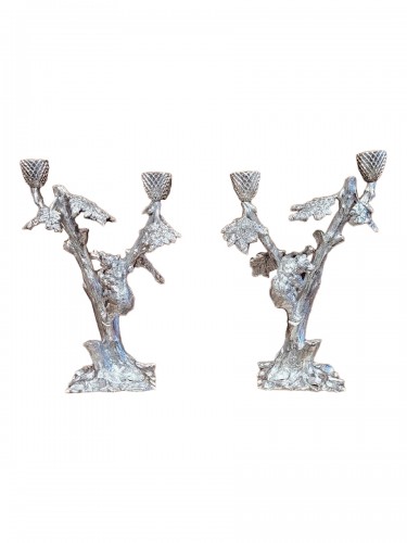 Silver-plated bronze candlesticks with bear 19th century