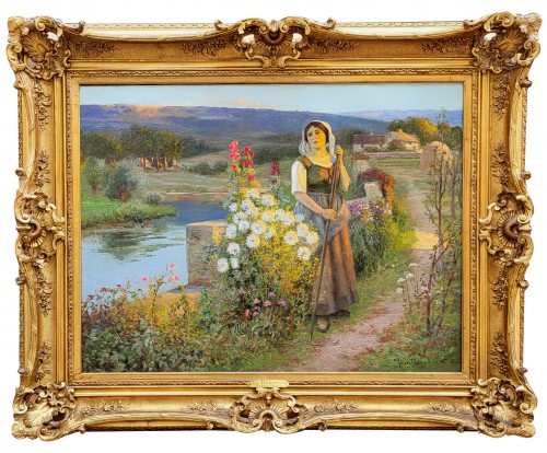 Woman in a flower garden by Jean BEAUDUIN (1851-1916)