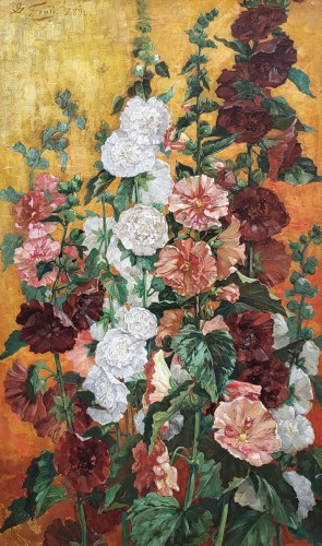 Roses trémières signé Fouji et datée 1896 - Tableaux et dessins Style 