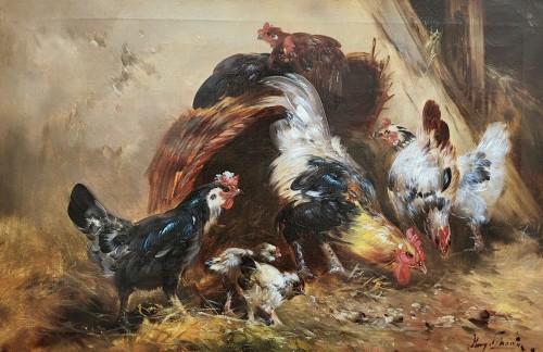 Basse-cour, poules et coqs par Henri Schouten (1857-1927) - Tableaux et dessins Style 