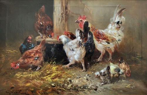 Tableaux et dessins  - Basse-cour, poules et coqs par Henri Schouten (1857-1927)