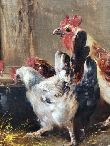 XIXe siècle - Basse-cour, poules et coqs par Henri Schouten (1857-1927)