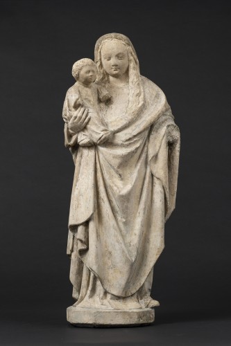 Vierge à l'Enfant, Bourgogne 3/4 du XVe siècle, entourage de Jean de la Huerta - Sculpture Style Moyen Âge