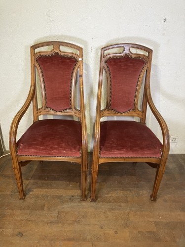 Paire de fauteuils Art nouveau en frêne, 'École de Nancy - Sièges Style Art nouveau