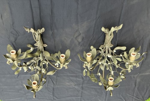 Paire d'appliques Art nouveau au Gui En bronze et verre opalin - Art nouveau