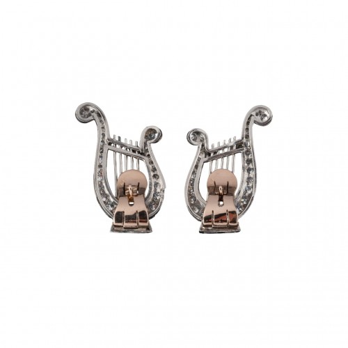 Pair of Lyre-shaped ear clips in diamonds. - Antique Jewellery Style Art Déco