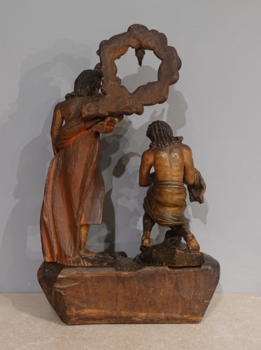 Antiquités - Baptême du Christ – Bois polychrome du XVIIIe siècle