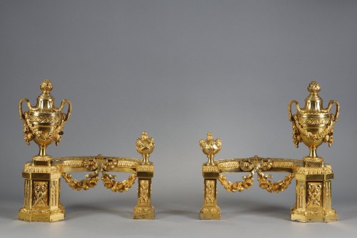 Louis XVI - Pair of Louis XVI period andirons in gilded bronze