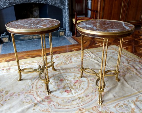 Pair Of Bronze, Marble And Mahogan Pedestal Tables After Weisweiler