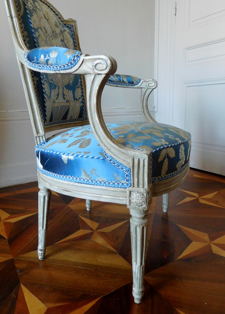 Pair of French 19th C. Louis XVI Style Armchairs in Petit Point Fabric  (SN0615-05) — 145 Antiques