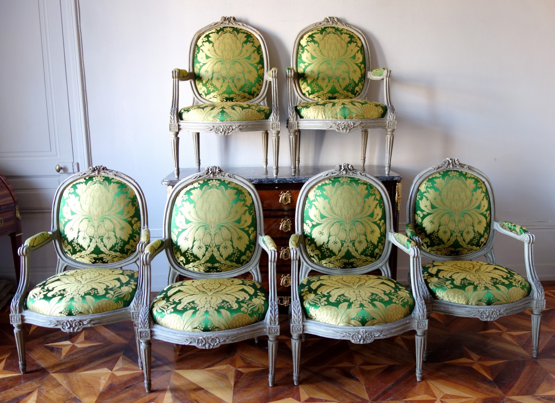 French louis xvi green damask side chairs