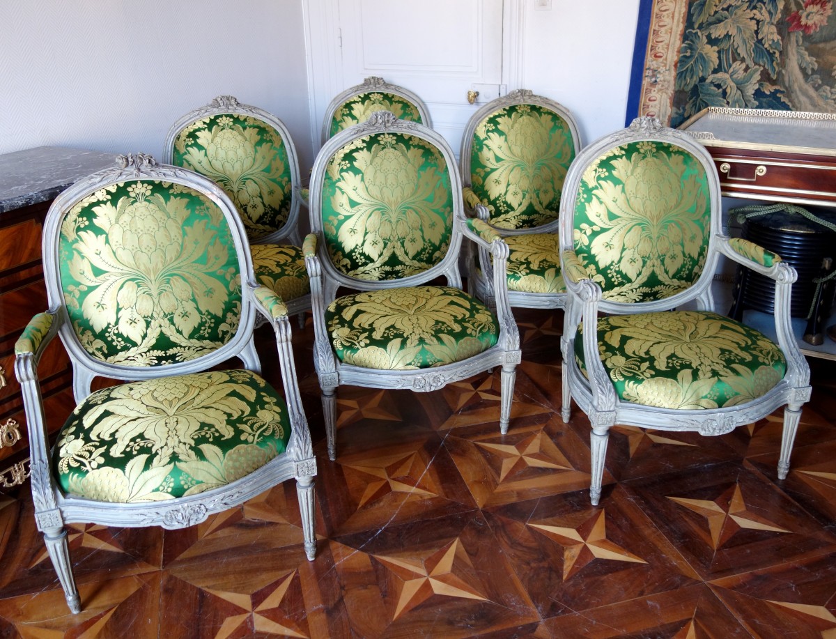 French louis xvi green silk arm chairs