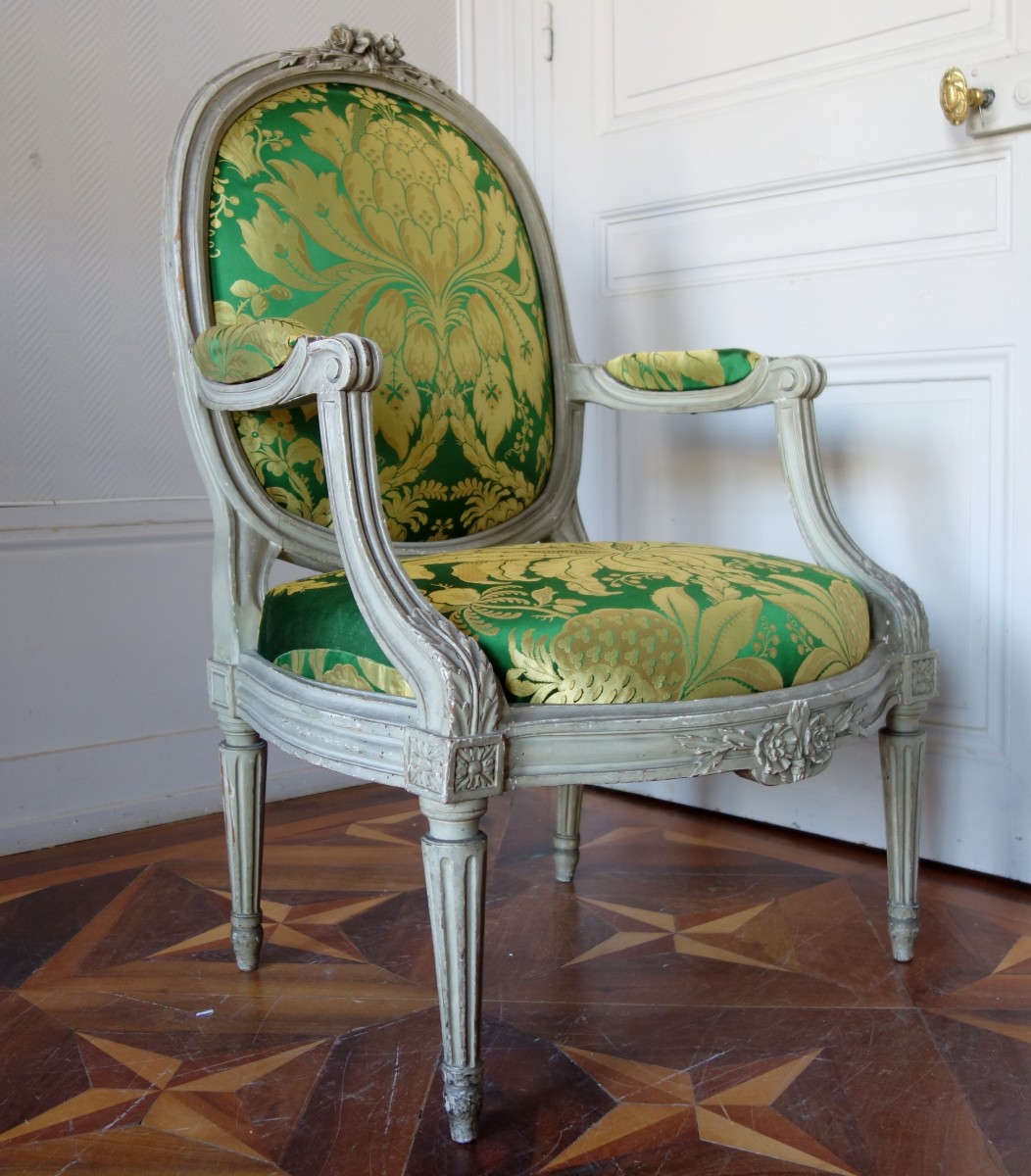 French louis xvi green silk arm chairs
