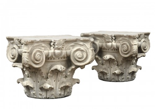 Pair of 17th. century Carrara marble Corinthian capitals