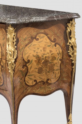 18th century - Louis XV commode with floral marquetry by Jacques Philippe Carel