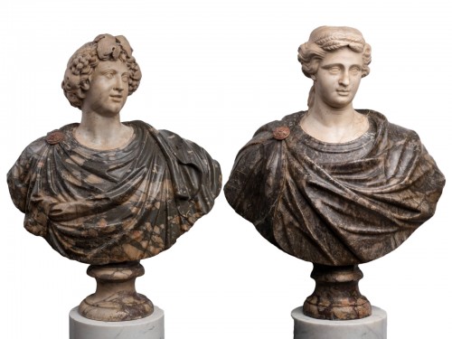 Pair of busts, white marble and africano marble