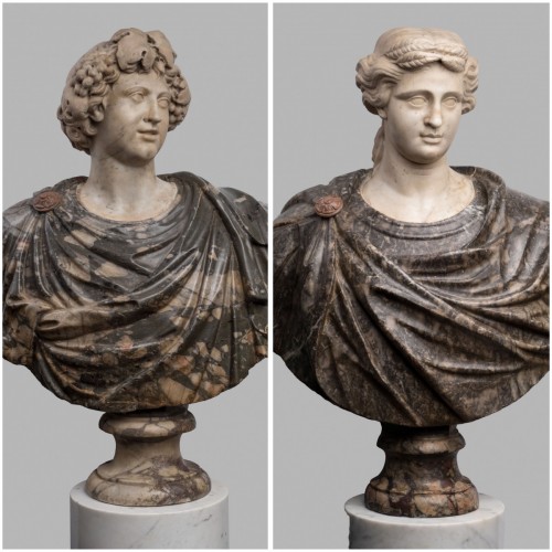 Pair of busts, white marble and africano marble - 