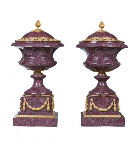 Fine pair of porphyry and gilt-bronze mounted vases with lids