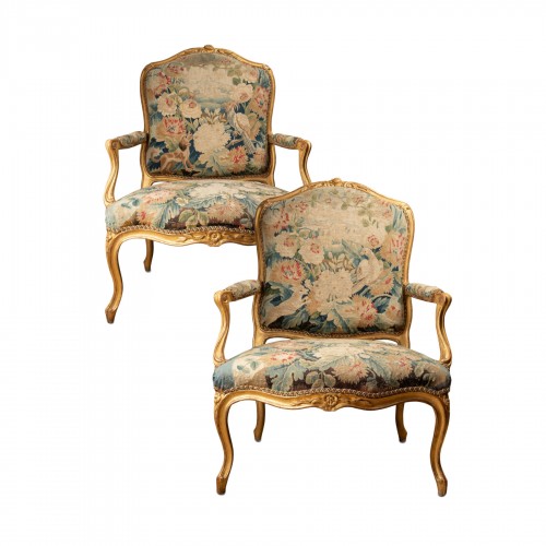 Set of five tapestry armchairs Louis XV period mid 18th - Ref.102738