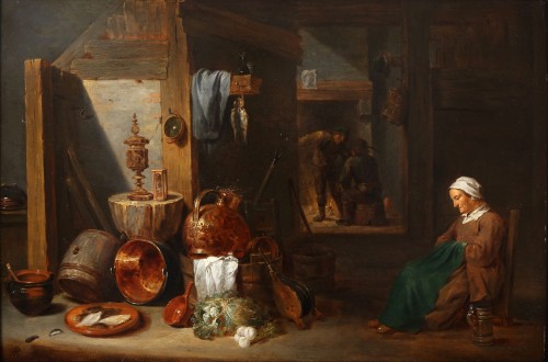 Tableaux et dessins Tableaux XVIIe siècle - Intérieur de cuisine avec une femme âgée endormie - David Teniers II (1610-1690)