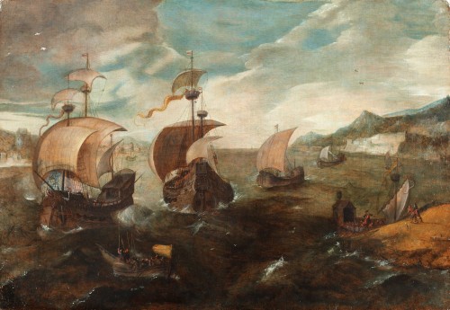 Navires de guerre de la côte - Cercle de Pieter Brueghel II (1564 - 1637/8) - Tableaux et dessins Style 