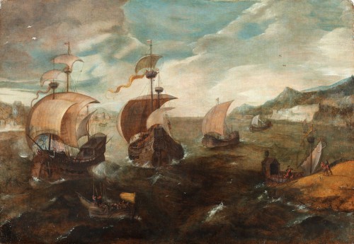 Tableaux et dessins Tableaux XVIIe siècle - Navires de guerre de la côte - Cercle de Pieter Brueghel II (1564 - 1637/8)
